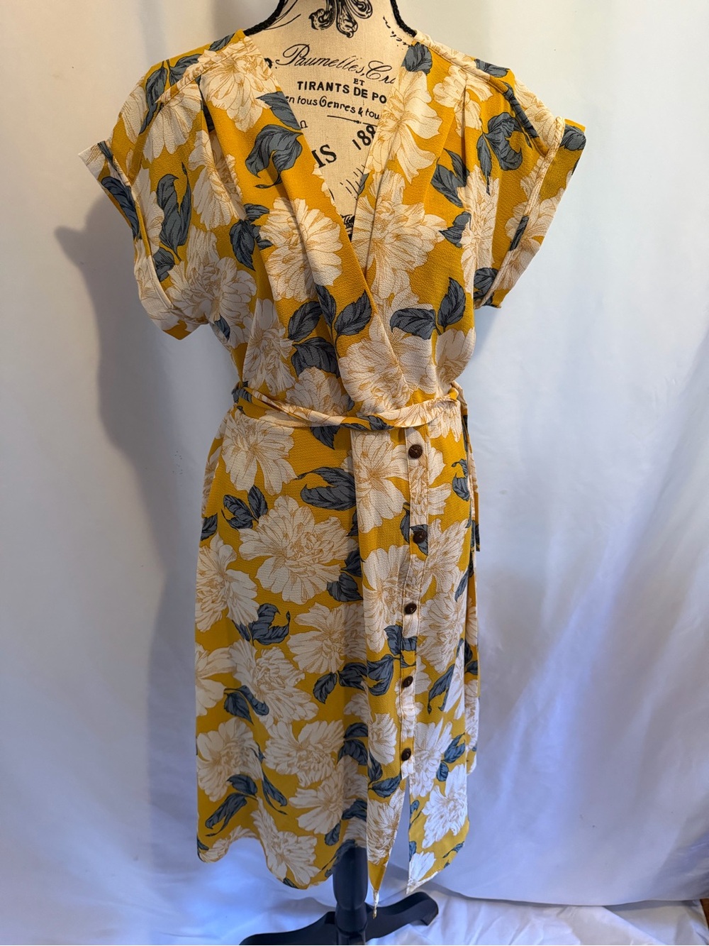 Monteau Mustard Floral Wrap Midi Dress with Blue-Gray Leaves
